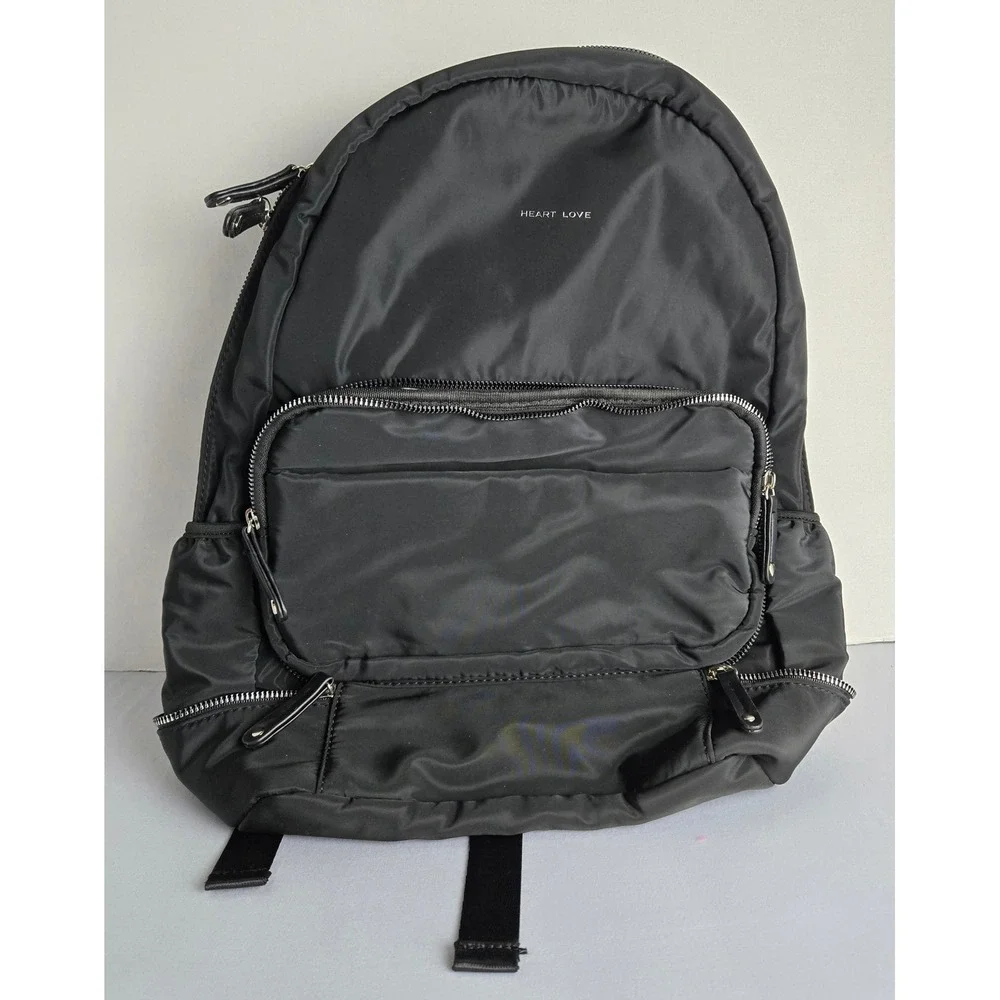 Heart Love Black Nylon Backpack Travel Bag with Trolley Sleeve and Multi Pockets